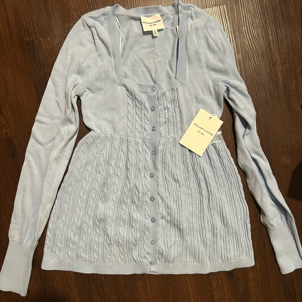 Light Blue Cable Knit Button-Front Women’s Cardigan by Willow & Wind